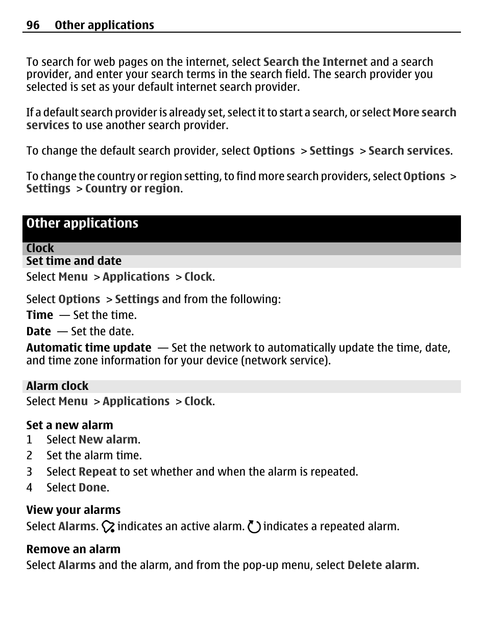 Other applications, Clock, Set time and date | Alarm clock | Nokia C5-03 User Manual | Page 96 / 116
