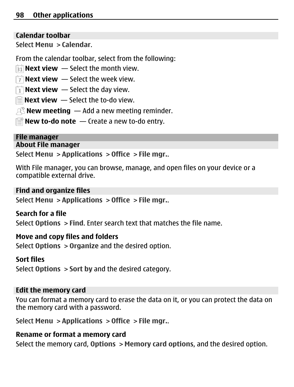 Calendar toolbar, File manager, About file manager | Find and organize files, Edit the memory card | Nokia C5-03 User Manual | Page 98 / 116