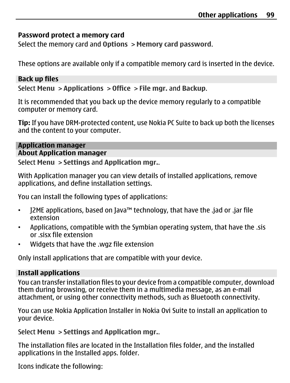 Back up files, Application manager, About application manager | Install applications | Nokia C5-03 User Manual | Page 99 / 116