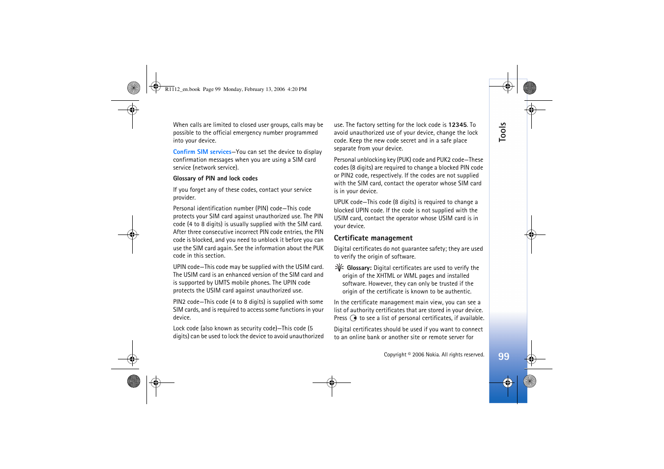 Glossary of pin and lock codes’, p. 99, See ‘glossary of pin and lock codes’, p. 99, Tools | Nokia N70 User Manual | Page 100 / 121