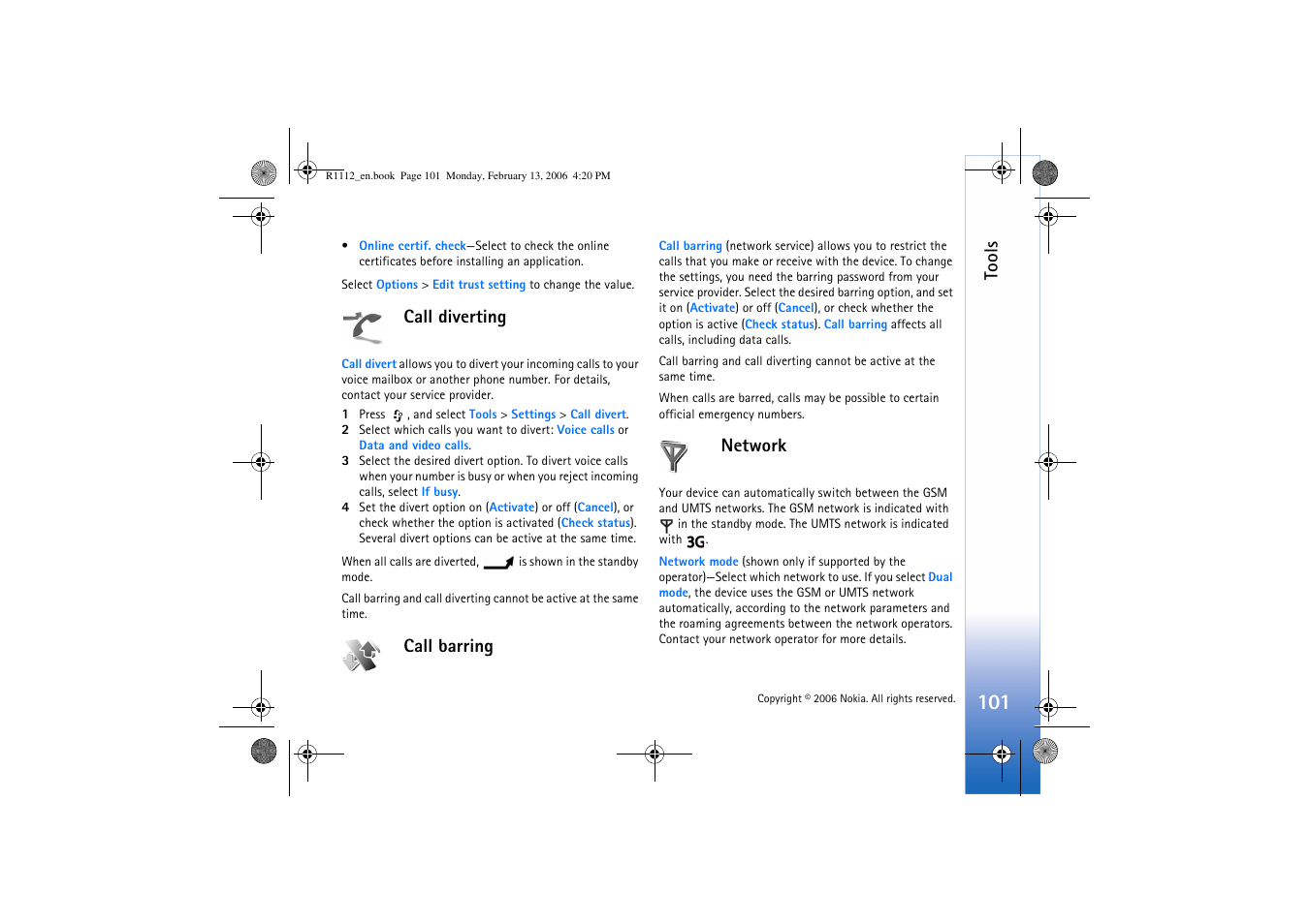 Call diverting, Call barring, Network | Call diverting call barring network, Mode. see also ‘call diverting’, p, E call. see ‘call diverting’, p. 101, Tools | Nokia N70 User Manual | Page 102 / 121