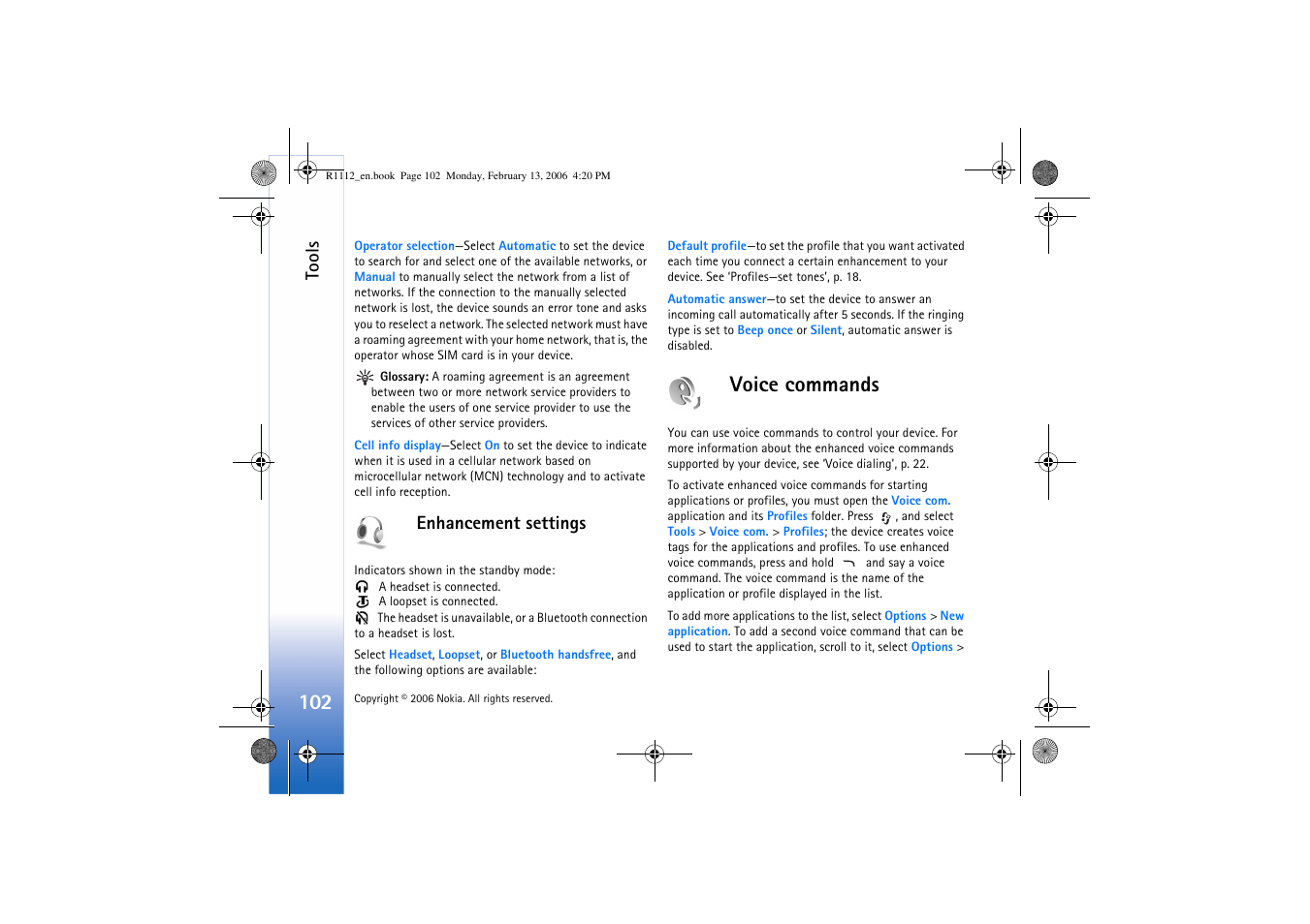 Enhancement settings, Voice commands, Tools | Nokia N70 User Manual | Page 103 / 121