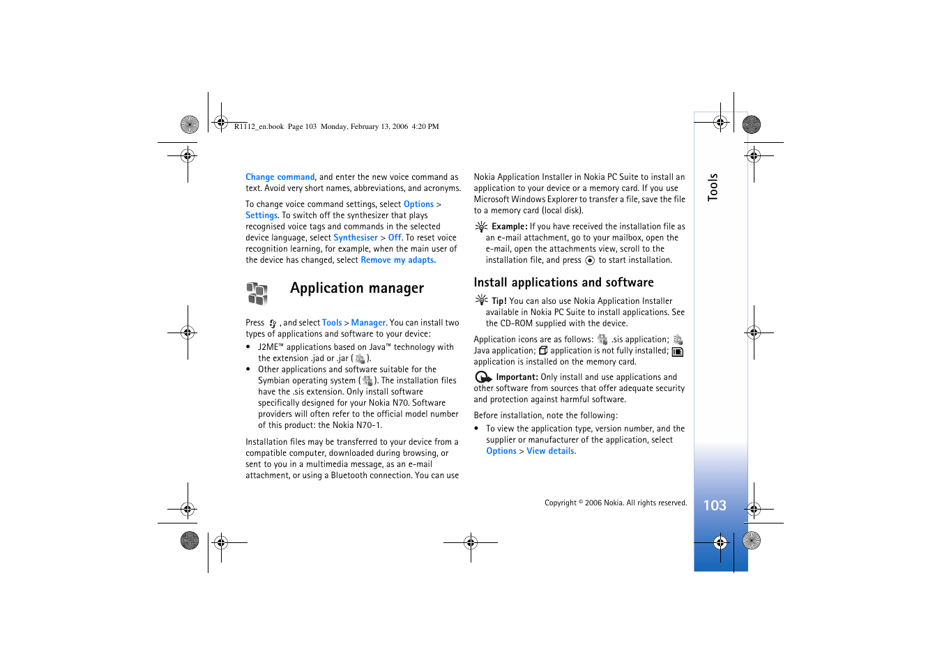 Application manager, Install applications and software, Tools | Nokia N70 User Manual | Page 104 / 121