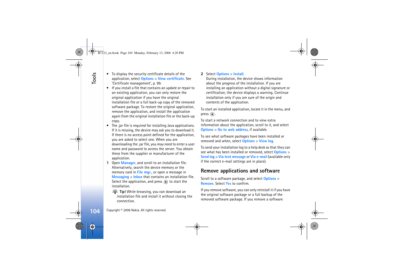 Remove applications and software, Tools | Nokia N70 User Manual | Page 105 / 121