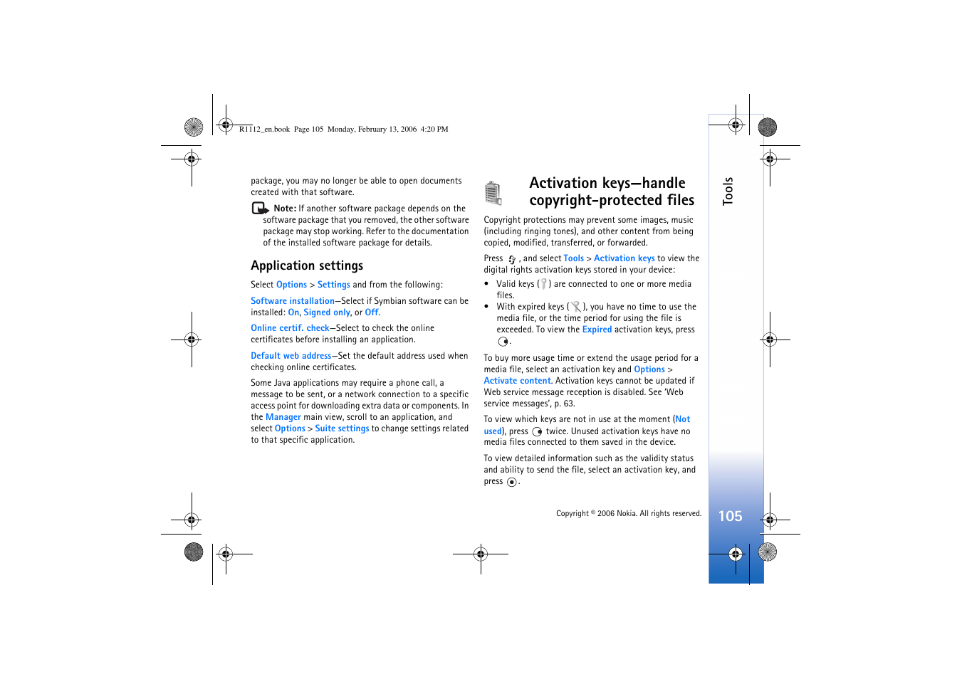 Application settings, Activation keys, Activation keys—handle copyright-protected files | Tools | Nokia N70 User Manual | Page 106 / 121