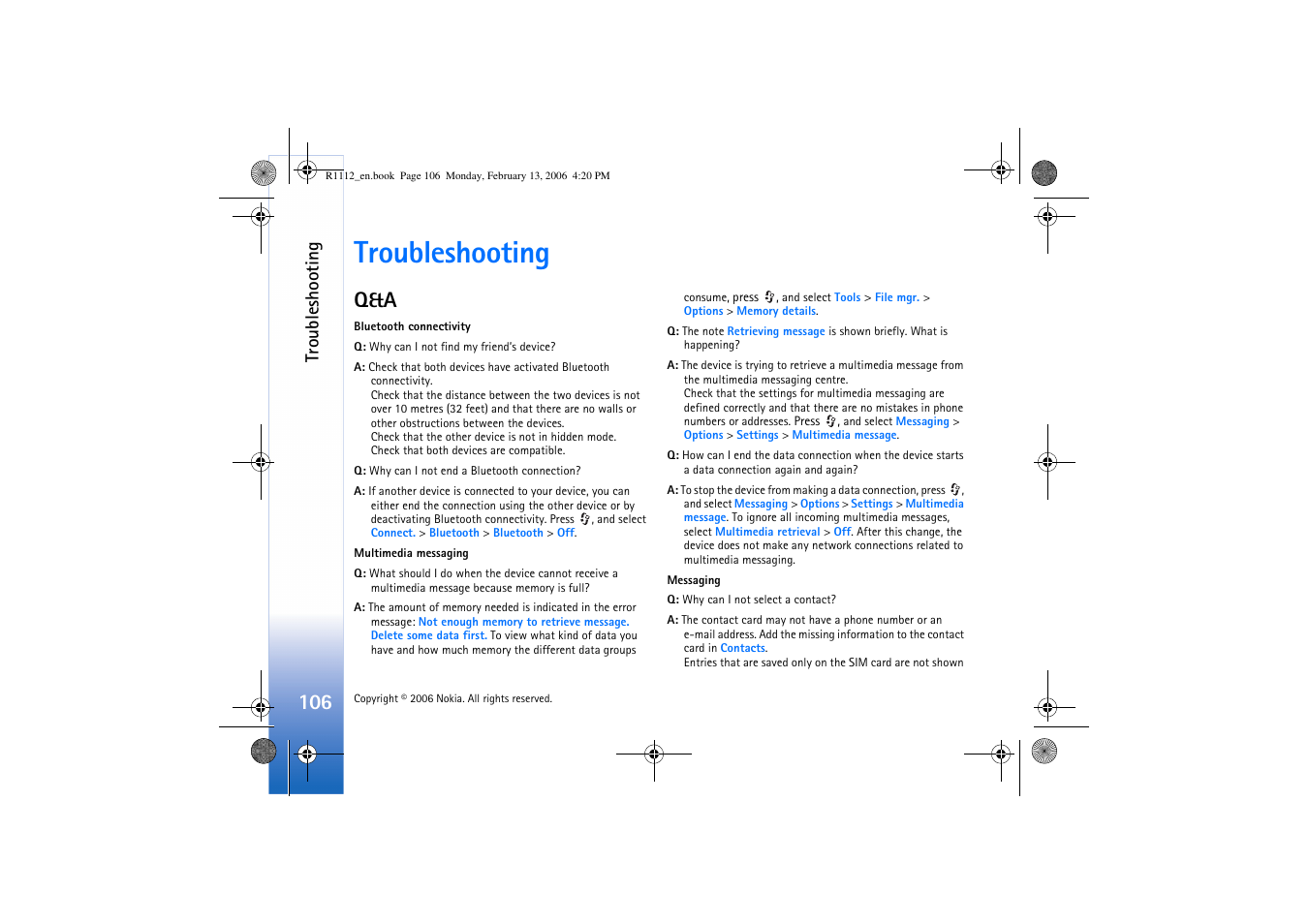 Troubleshooting | Nokia N70 User Manual | Page 107 / 121