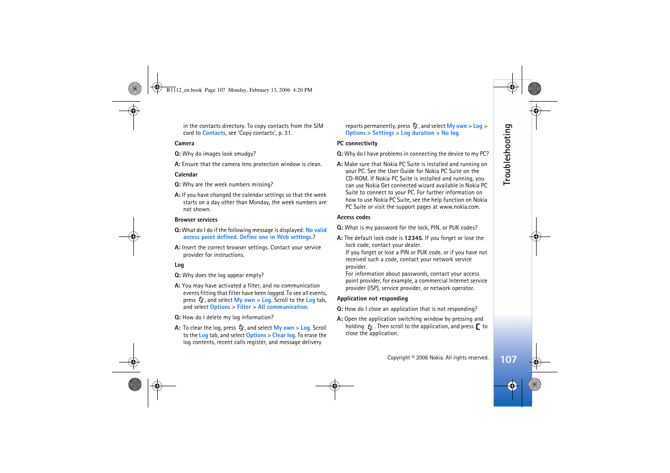 Troubleshooting | Nokia N70 User Manual | Page 108 / 121