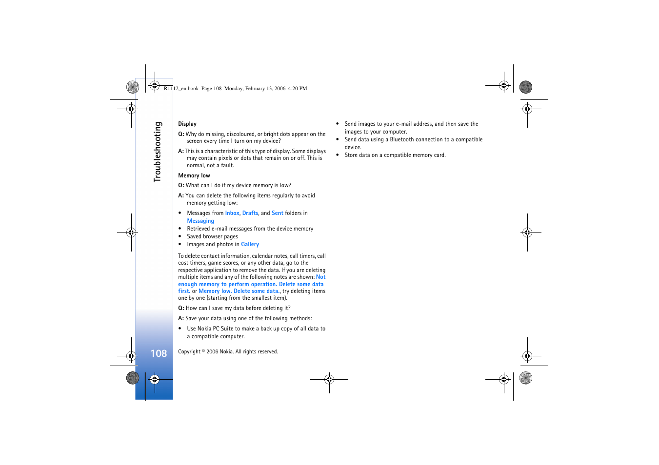 Troubleshooting | Nokia N70 User Manual | Page 109 / 121