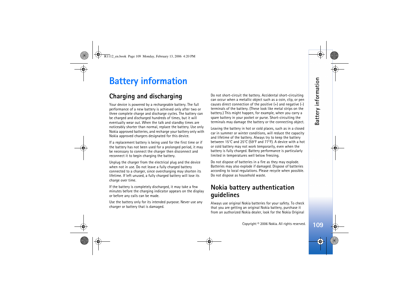 Battery information, Charging and discharging, Nokia battery authentication guidelines | Nokia N70 User Manual | Page 110 / 121