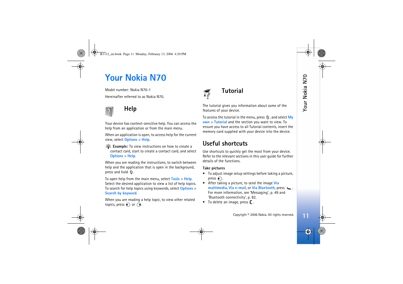 Your nokia n70, Help, Tutorial | Useful shortcuts, Help tutorial useful shortcuts | Nokia N70 User Manual | Page 12 / 121