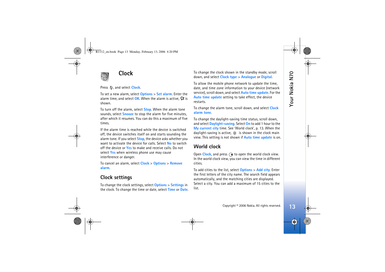 Clock, Clock settings, World clock | Clock settings world clock, Your nokia n70 | Nokia N70 User Manual | Page 14 / 121