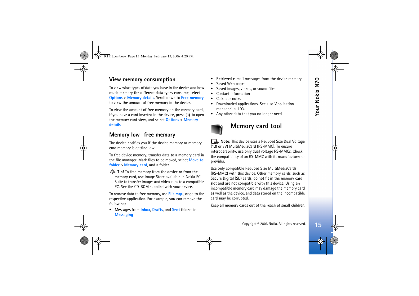 View memory consumption, Memory low—free memory, Memory card tool | View memory consumption memory low—free memory, Your nokia n70 | Nokia N70 User Manual | Page 16 / 121