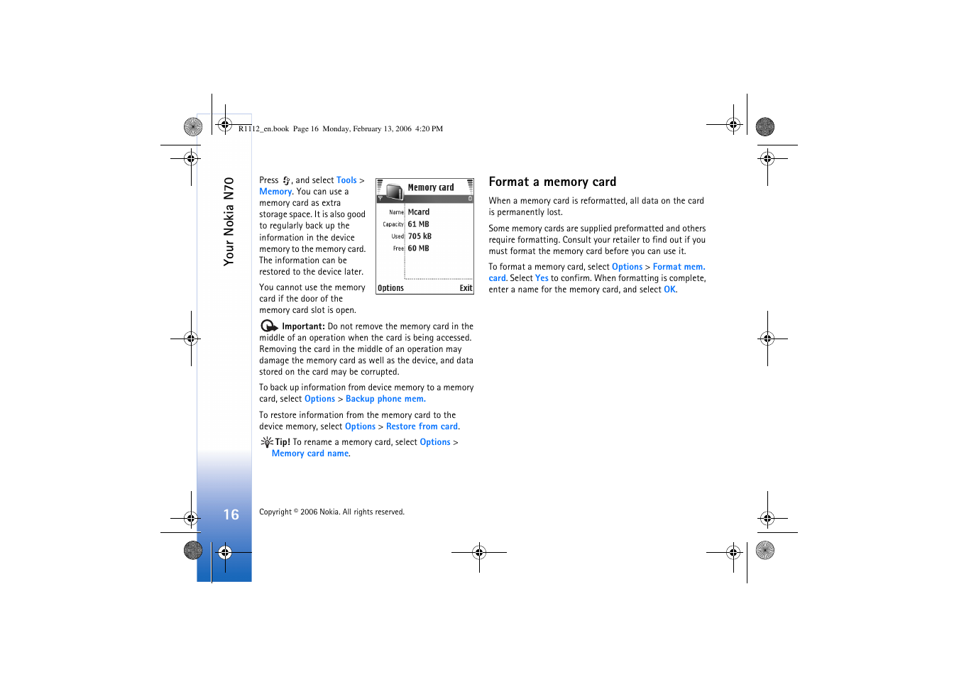 Format a memory card, Your nokia n70 | Nokia N70 User Manual | Page 17 / 121