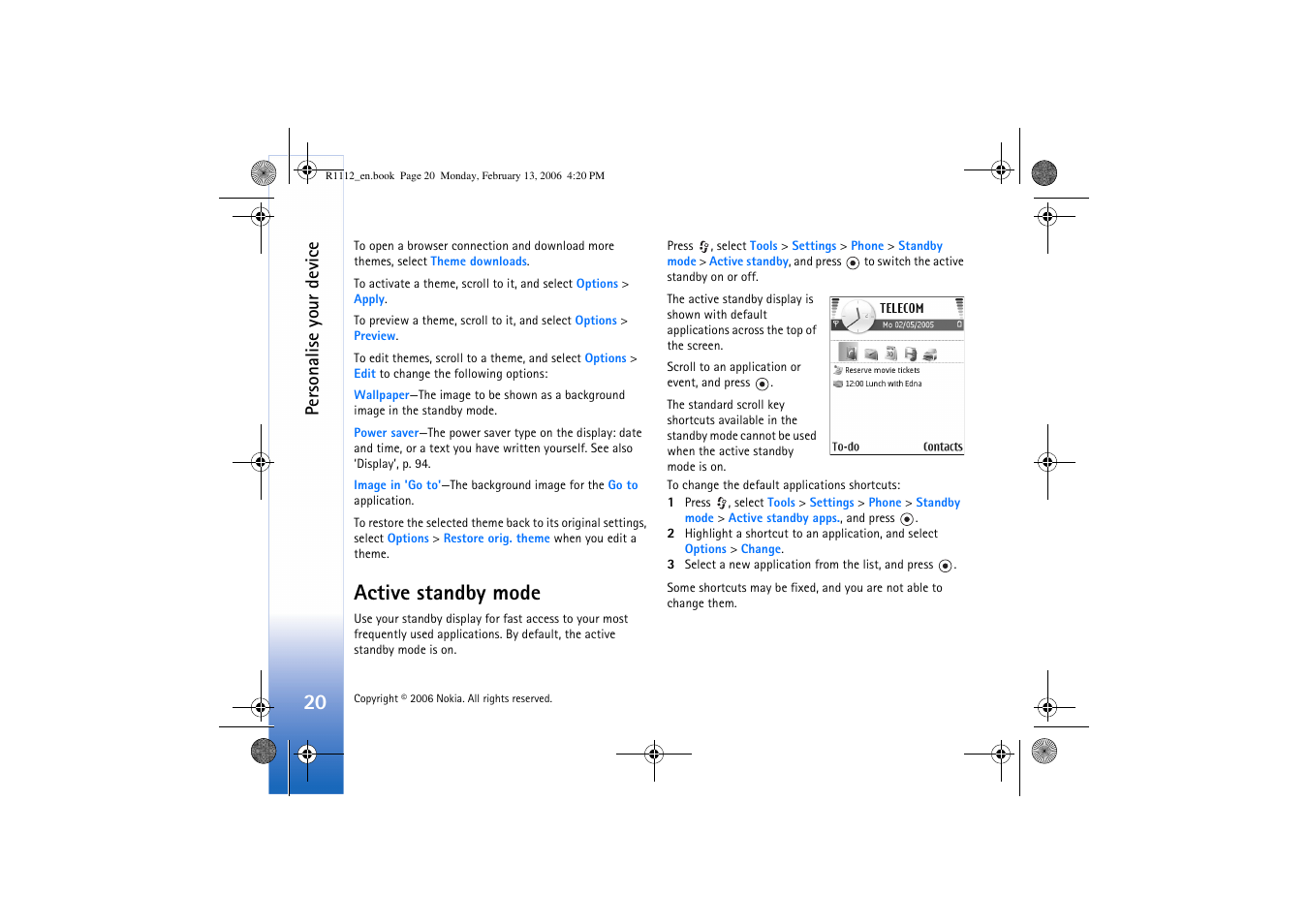 Active standby mode, Active standby mode’, p. 20, E ‘active standby mode’, p. 20 | Personalise your device | Nokia N70 User Manual | Page 21 / 121