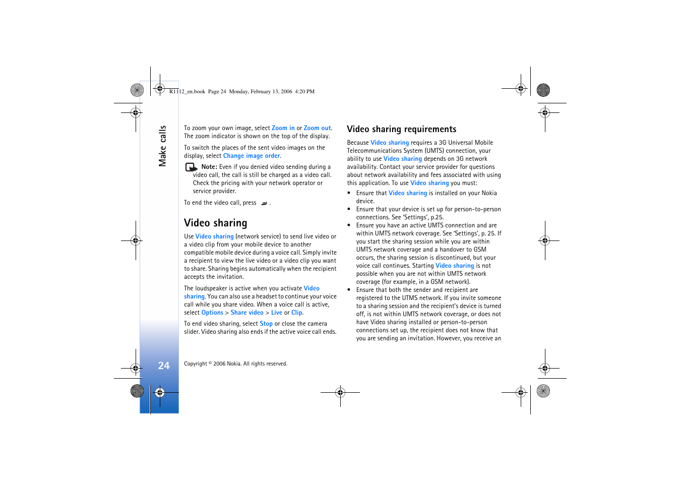 Video sharing, Video sharing requirements, Make calls | Nokia N70 User Manual | Page 25 / 121