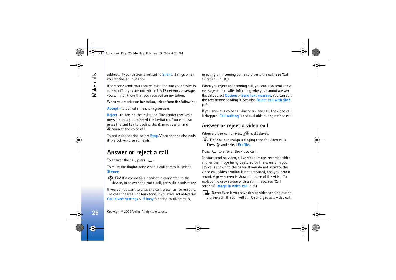 Answer or reject a call, Answer or reject a video call, Make calls | Nokia N70 User Manual | Page 27 / 121