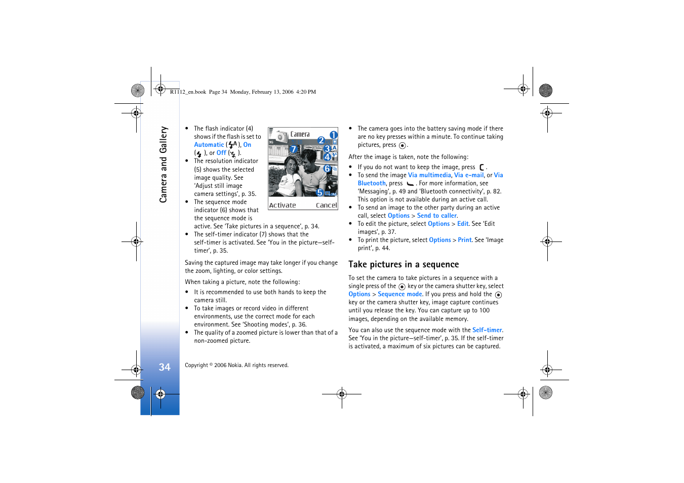 Take pictures in a sequence, Camera and gallery | Nokia N70 User Manual | Page 35 / 121