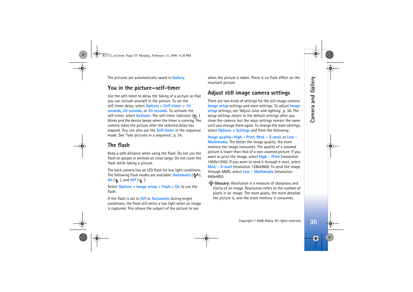 You in the picture, The flash, Adjust still image camera settings | Adjust still image camera settings’, p. 35, Ee ‘you in the picture—self- timer’, p. 35, See ‘you in the picture—self-timer’, p. 35. i, Camera and gallery, You in the picture—self-timer | Nokia N70 User Manual | Page 36 / 121