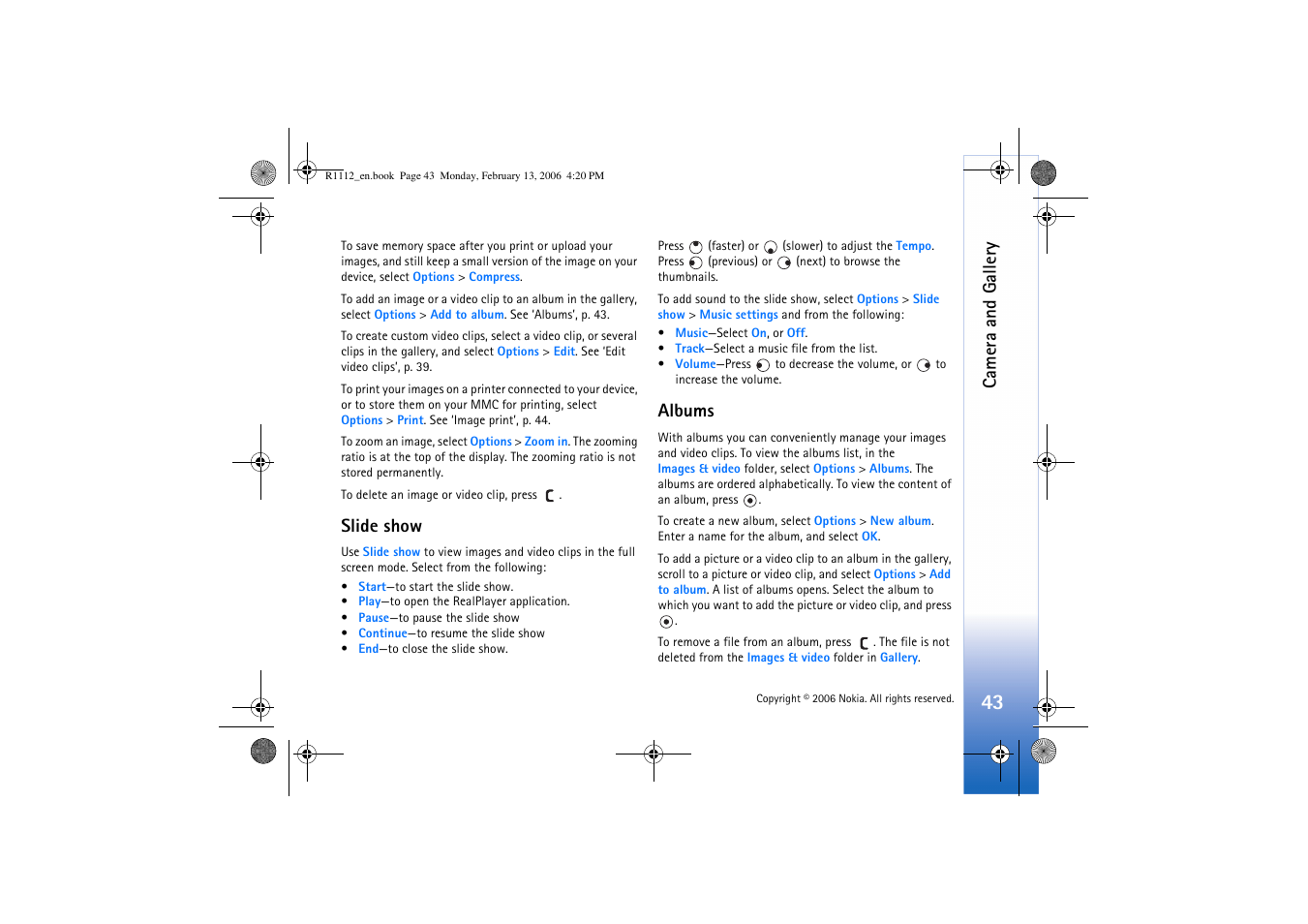 Slide show, Albums, Slide show albums | Camera and gallery | Nokia N70 User Manual | Page 44 / 121