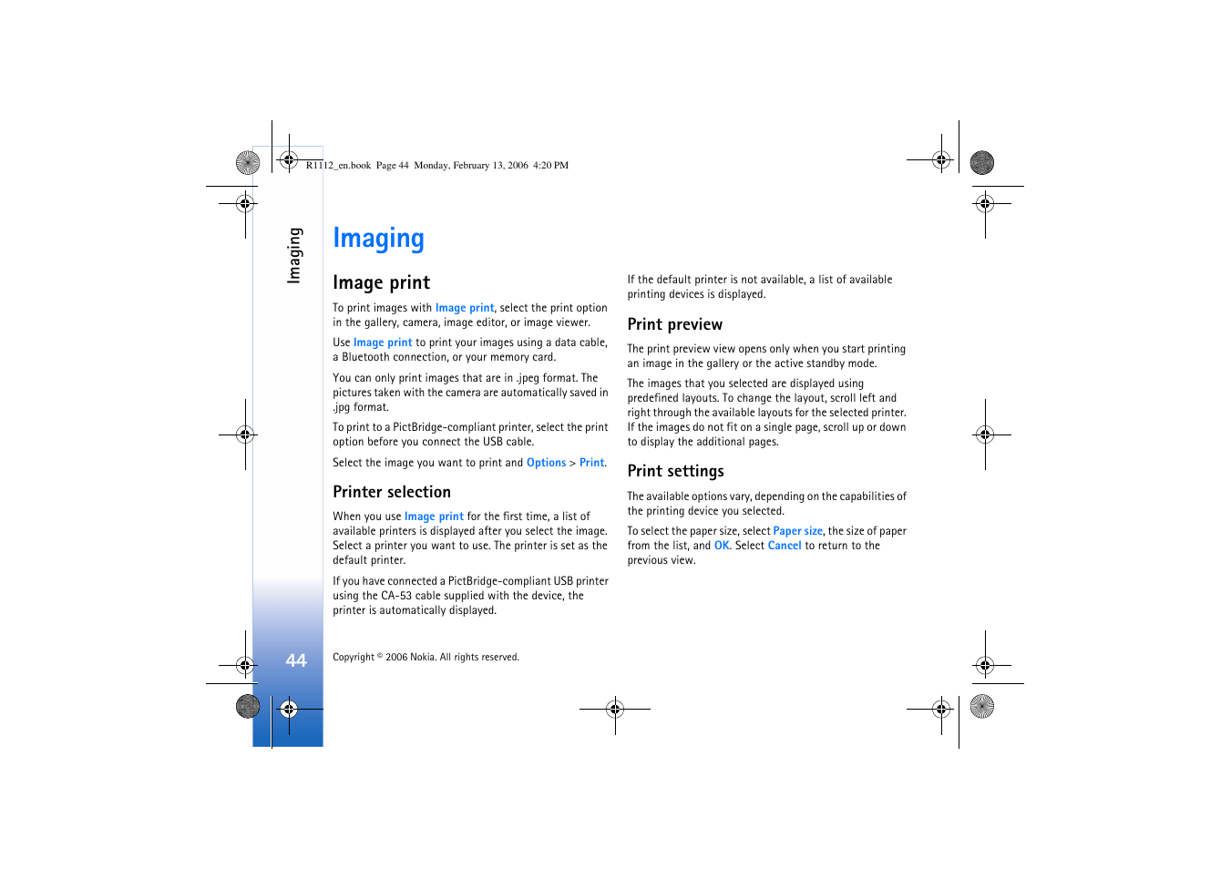 Imaging, Image print, Printer selection | Print preview, Print settings, Printer selection print preview print settings, See ‘image, Print’, p. 44, See ‘image print’, p. 44 | Nokia N70 User Manual | Page 45 / 121