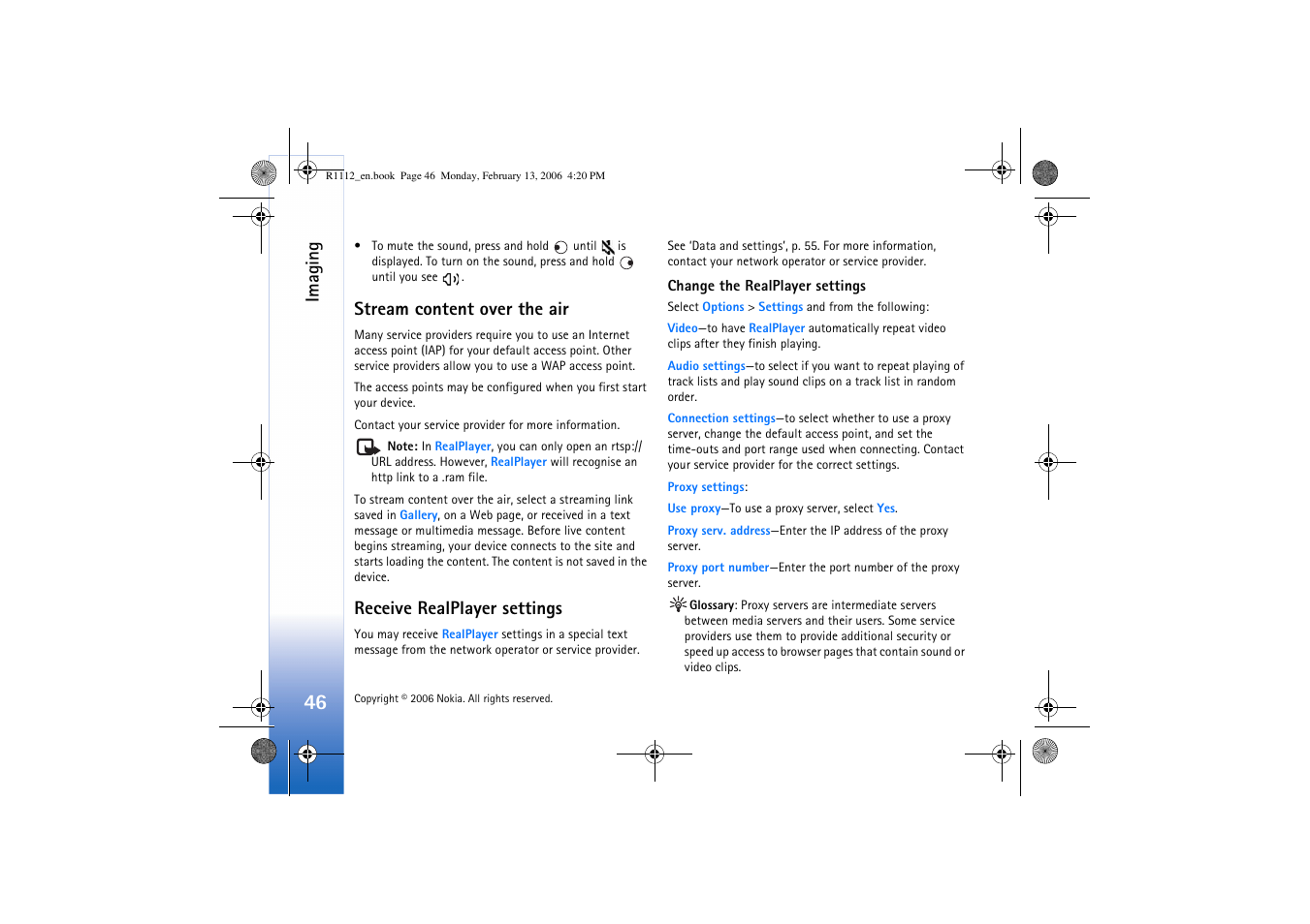 Stream content over the air, Receive realplayer settings, Imaging | Nokia N70 User Manual | Page 47 / 121