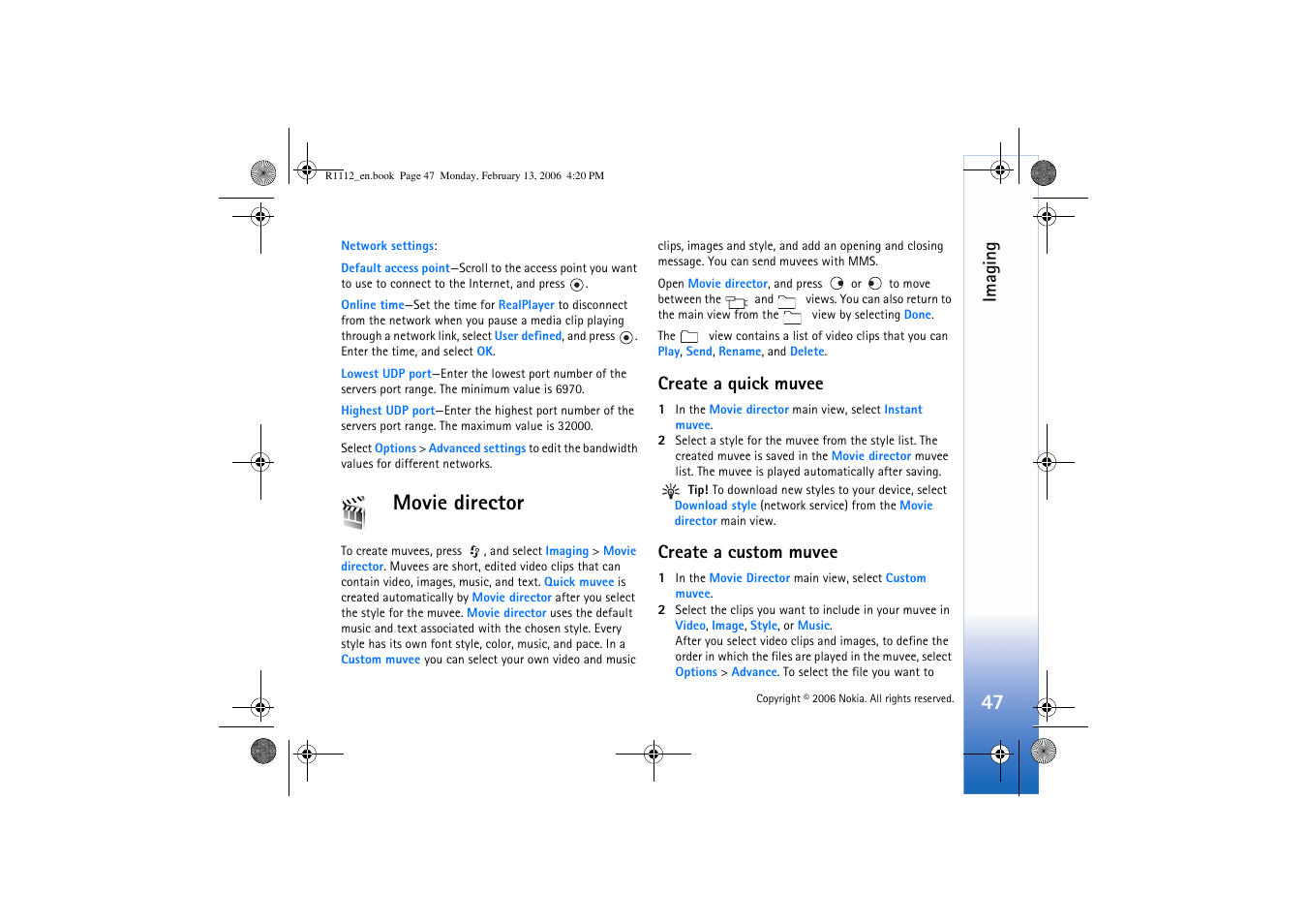 Movie, Create a quick muvee, Create a custom muvee | Movie director, Create a quick muvee create a custom muvee, Imaging | Nokia N70 User Manual | Page 48 / 121
