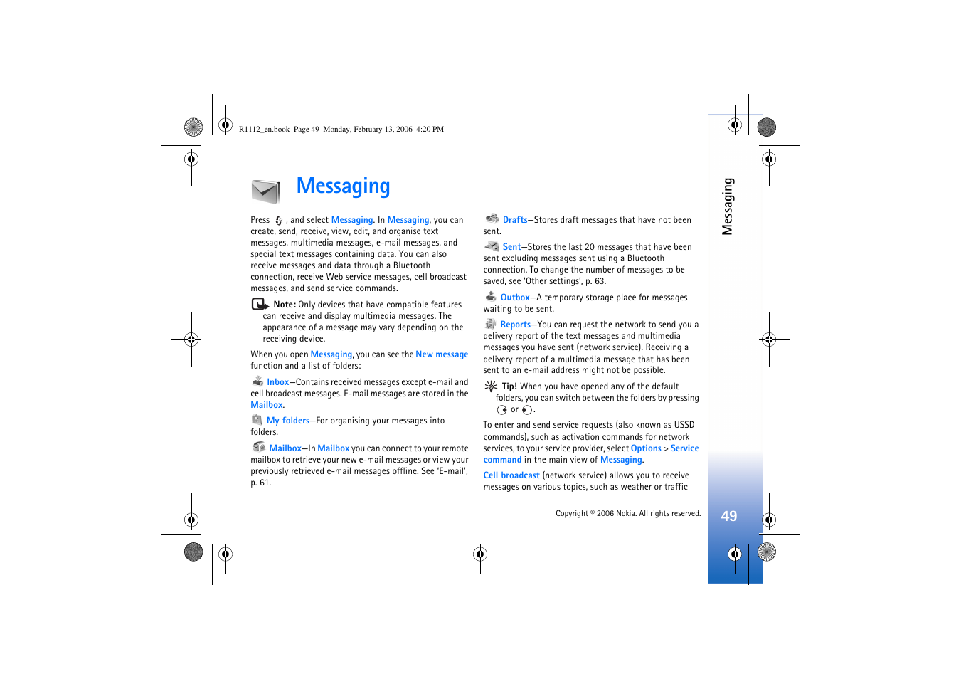 Messaging, Messaging’, p. 49 a, P. 49 and | Nokia N70 User Manual | Page 50 / 121