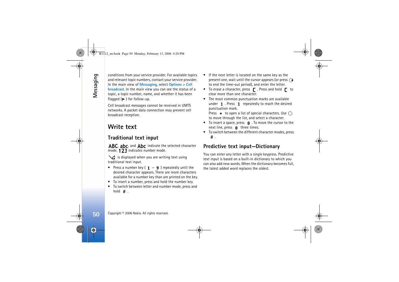 Write text, Traditional text input, Predictive text input | Messaging, Predictive text input—dictionary | Nokia N70 User Manual | Page 51 / 121