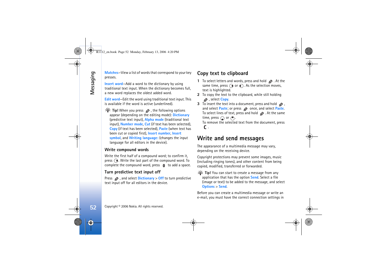 Copy text to clipboard, Write and send messages, Messaging | Nokia N70 User Manual | Page 53 / 121