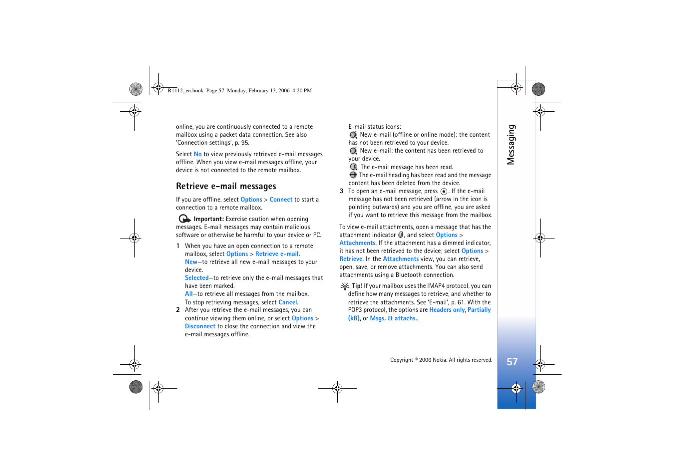 Retrieve e-mail messages, Messaging | Nokia N70 User Manual | Page 58 / 121