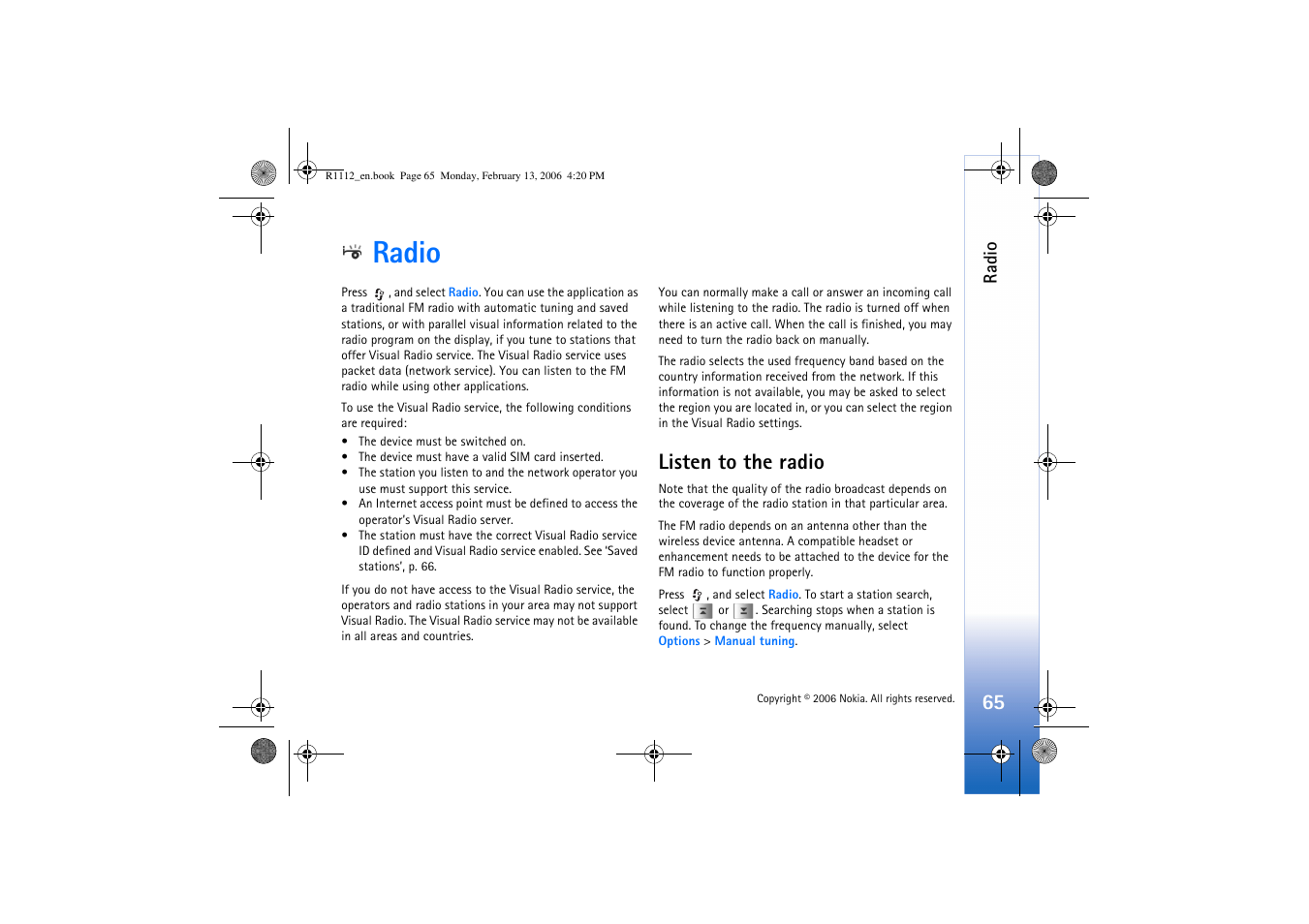 Radio, Listen to the radio | Nokia N70 User Manual | Page 66 / 121