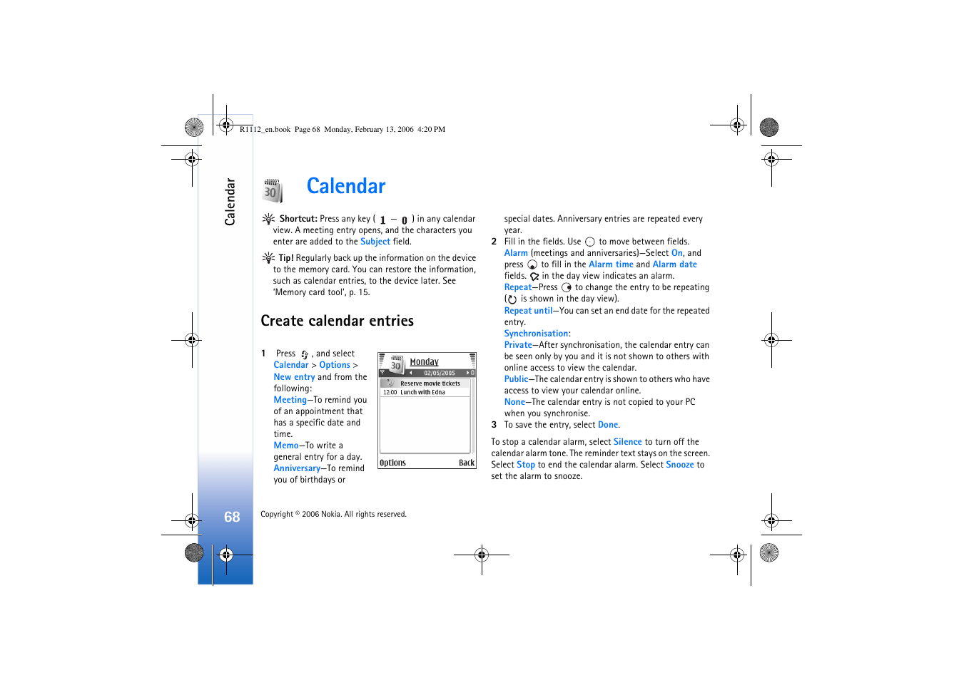 Calendar, Create calendar entries | Nokia N70 User Manual | Page 69 / 121