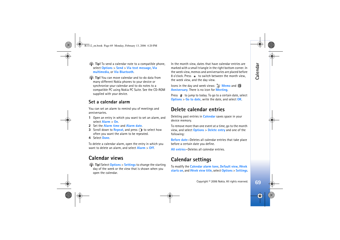 Set a calendar alarm, Calendar views, Delete calendar entries | Calendar settings, Delete calendar entries calendar settings, Calendar | Nokia N70 User Manual | Page 70 / 121