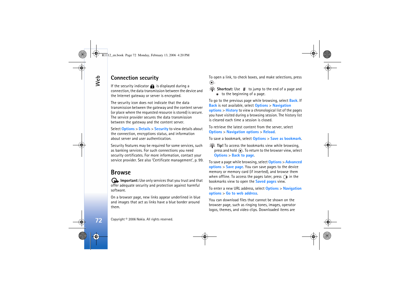 Connection security, Browse | Nokia N70 User Manual | Page 73 / 121