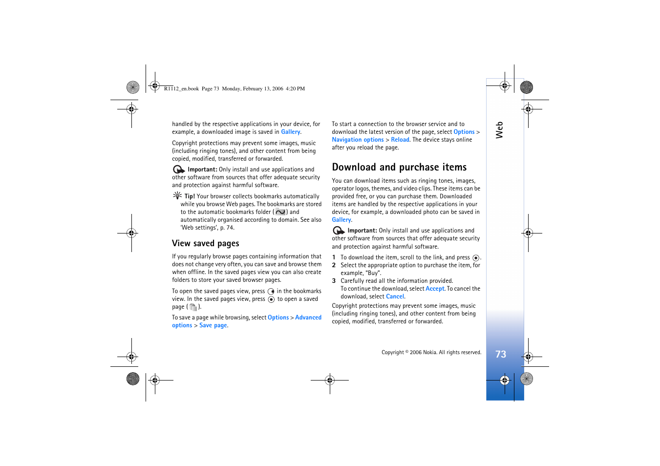 Download and purchase items, View saved pages | Nokia N70 User Manual | Page 74 / 121