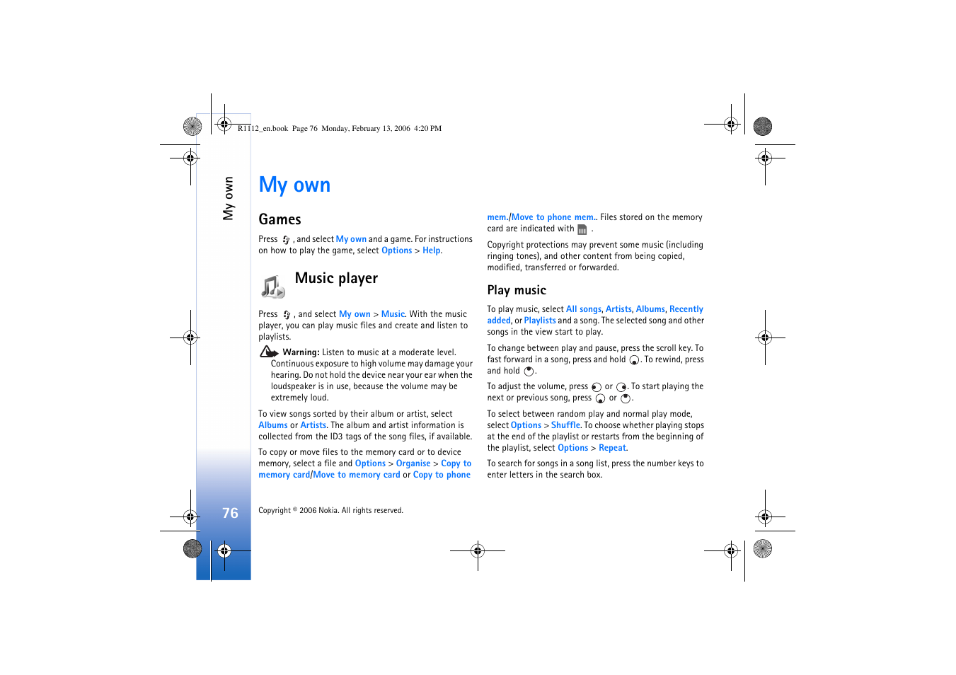 My own, Games, Music player | Play music, Games music player | Nokia N70 User Manual | Page 77 / 121