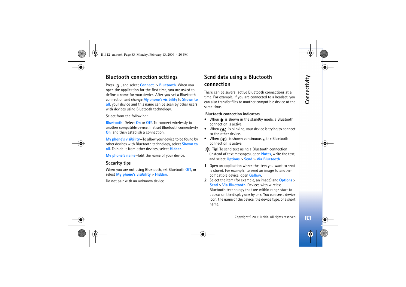 Bluetooth connection settings, Send data using a bluetooth connection, Send data using a bluetooth connection’, p. 83 | Connectivity | Nokia N70 User Manual | Page 84 / 121