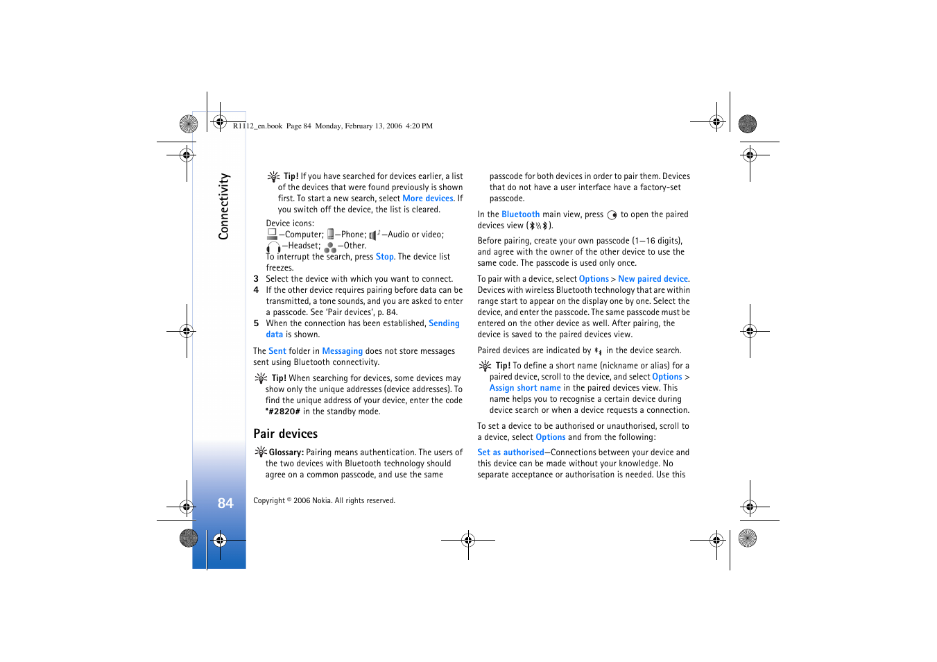 Pair devices, Connectivity | Nokia N70 User Manual | Page 85 / 121