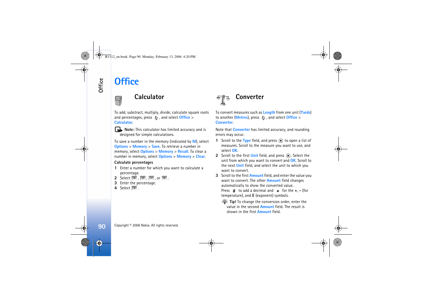 Office, Calculator, Converter | Calculator converter | Nokia N70 User Manual | Page 91 / 121