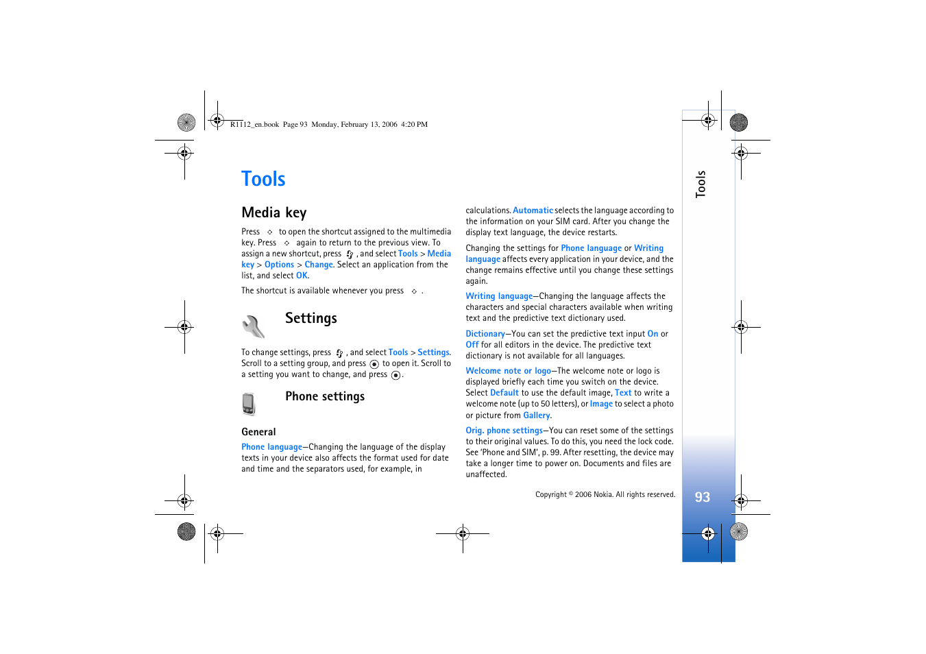 Tools, Media key, Settings | Phone settings, Media key settings | Nokia N70 User Manual | Page 94 / 121