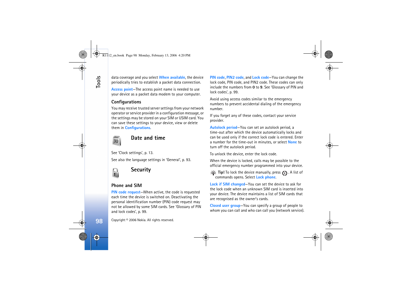 Date and time, Security, Date and time security | Tools | Nokia N70 User Manual | Page 99 / 121