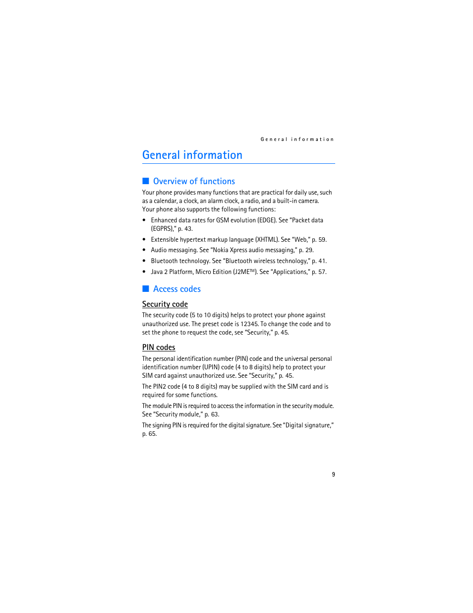 General information, Overview of functions, Access codes | Overview of functions access codes | Nokia 6103 User Manual | Page 10 / 169
