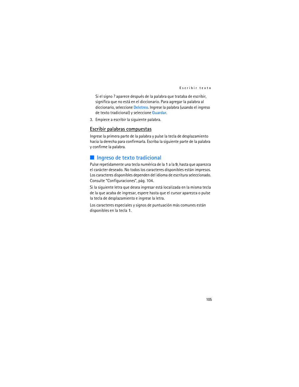 Ingreso de texto tradicional | Nokia 6103 User Manual | Page 106 / 169