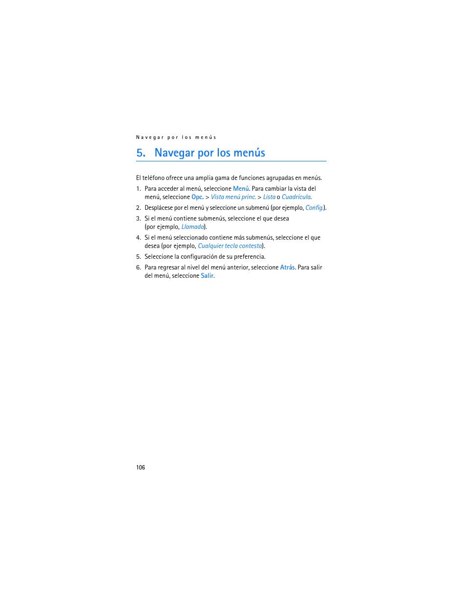 Navegar por los menús | Nokia 6103 User Manual | Page 107 / 169