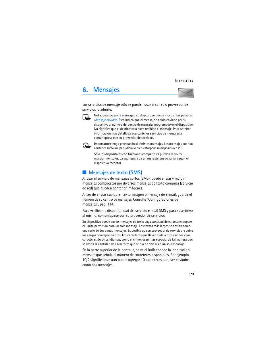 Mensajes, Mensajes de texto (sms) | Nokia 6103 User Manual | Page 108 / 169