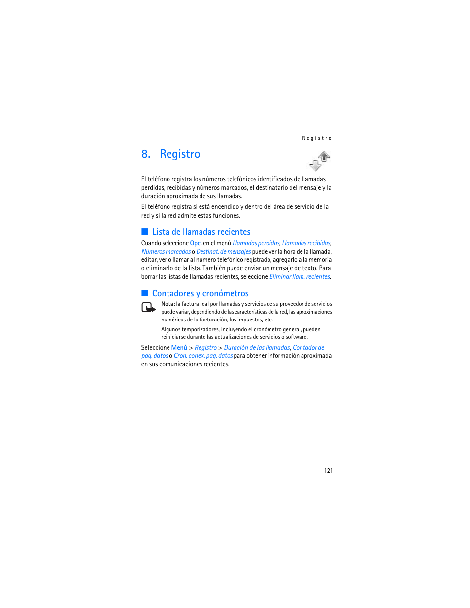 Registro, Lista de llamadas recientes, Contadores y cronómetros | Nokia 6103 User Manual | Page 122 / 169