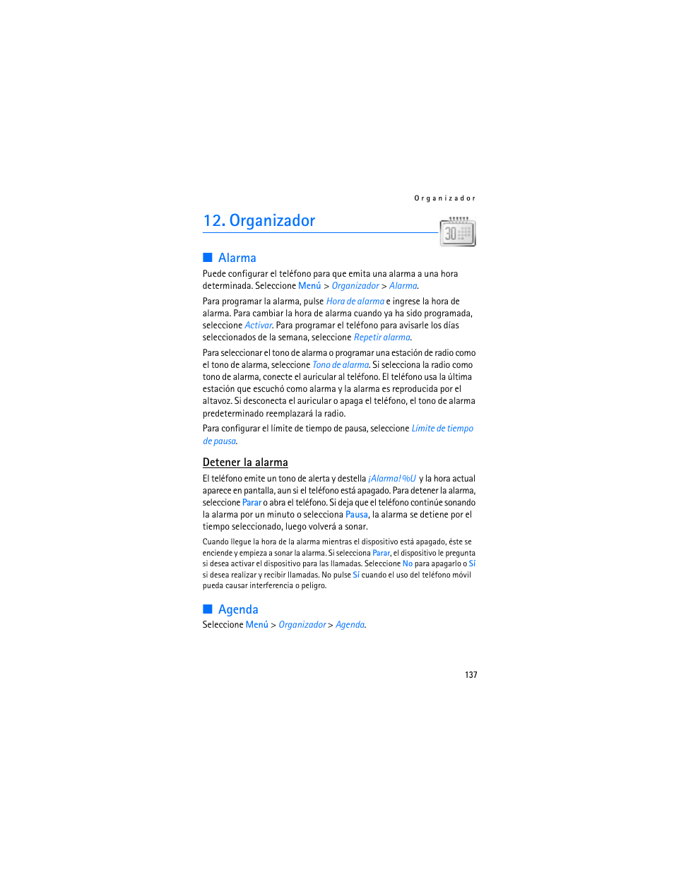 Organizador, Alarma, Agenda | Alarma agenda | Nokia 6103 User Manual | Page 138 / 169
