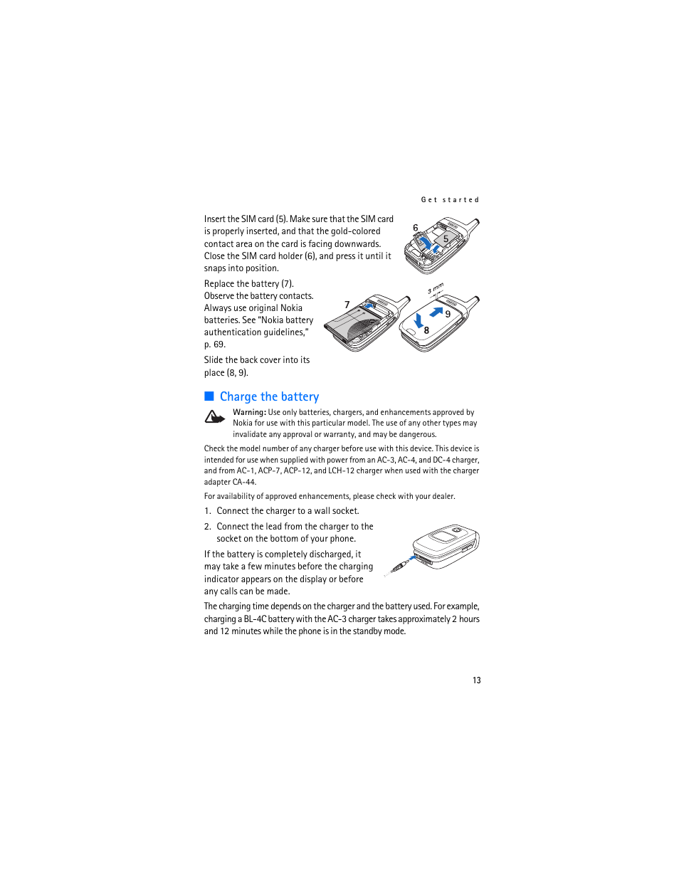 Charge the battery | Nokia 6103 User Manual | Page 14 / 169