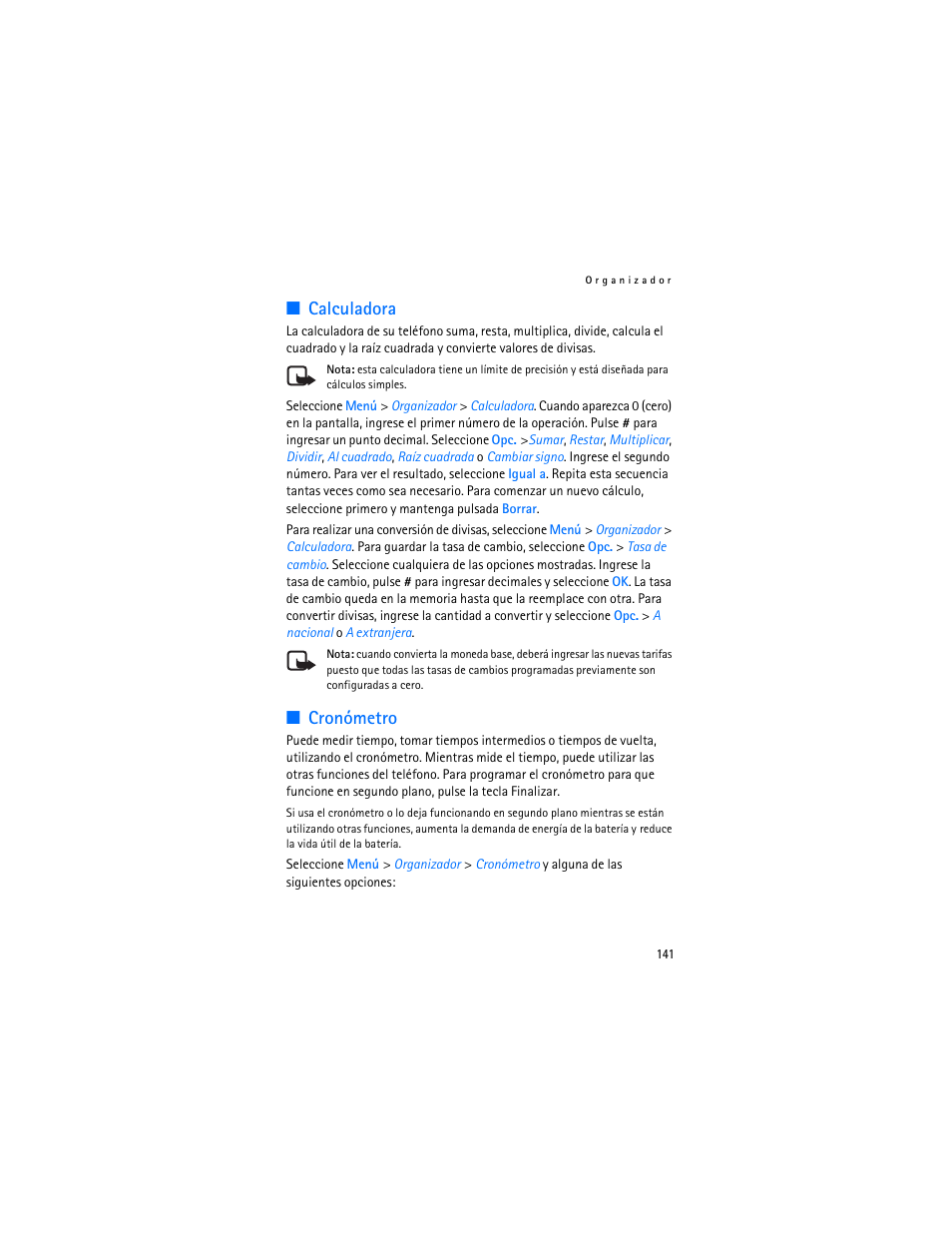Calculadora, Cronómetro, Calculadora cronómetro | Nokia 6103 User Manual | Page 142 / 169