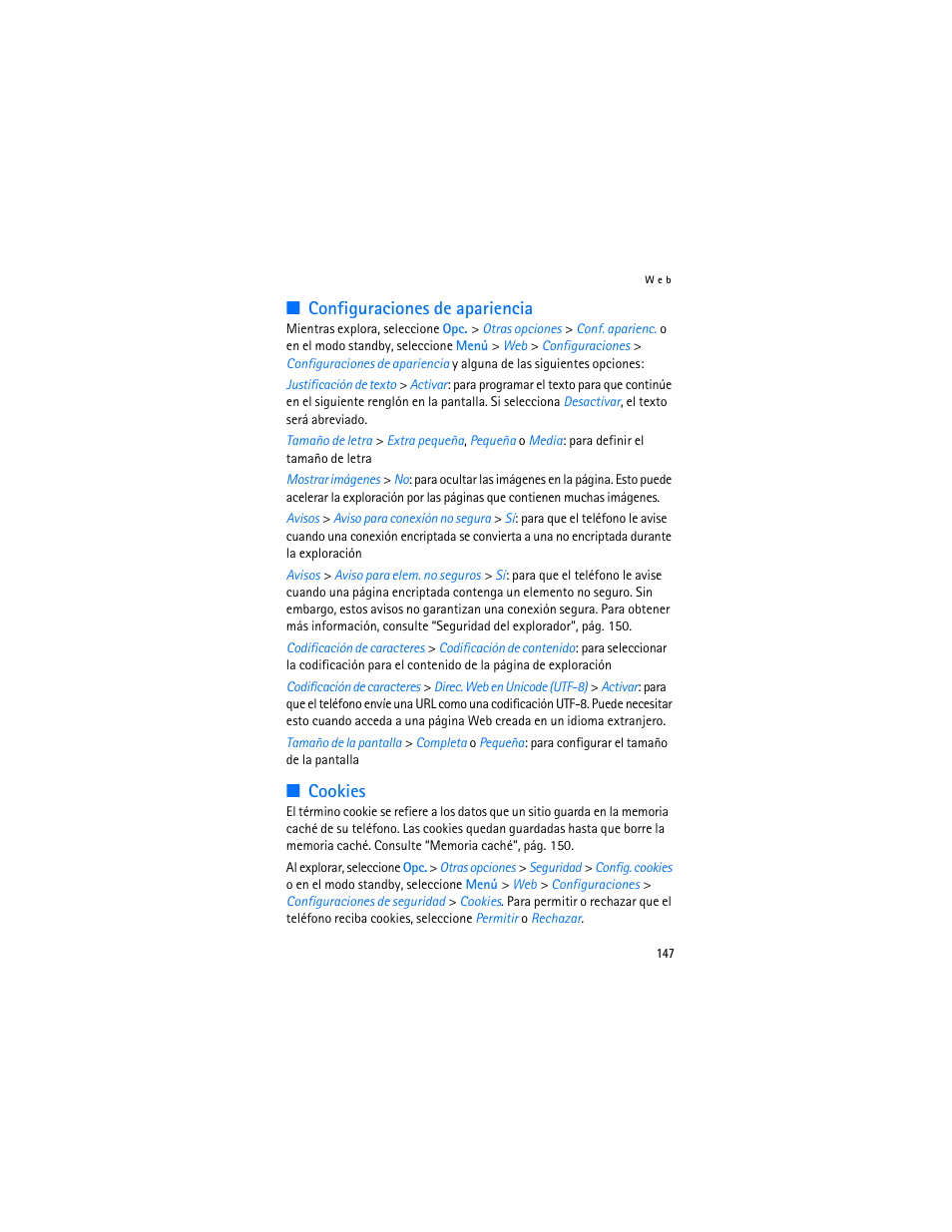 Configuraciones de apariencia, Cookies, Configuraciones de apariencia cookies | Nokia 6103 User Manual | Page 148 / 169